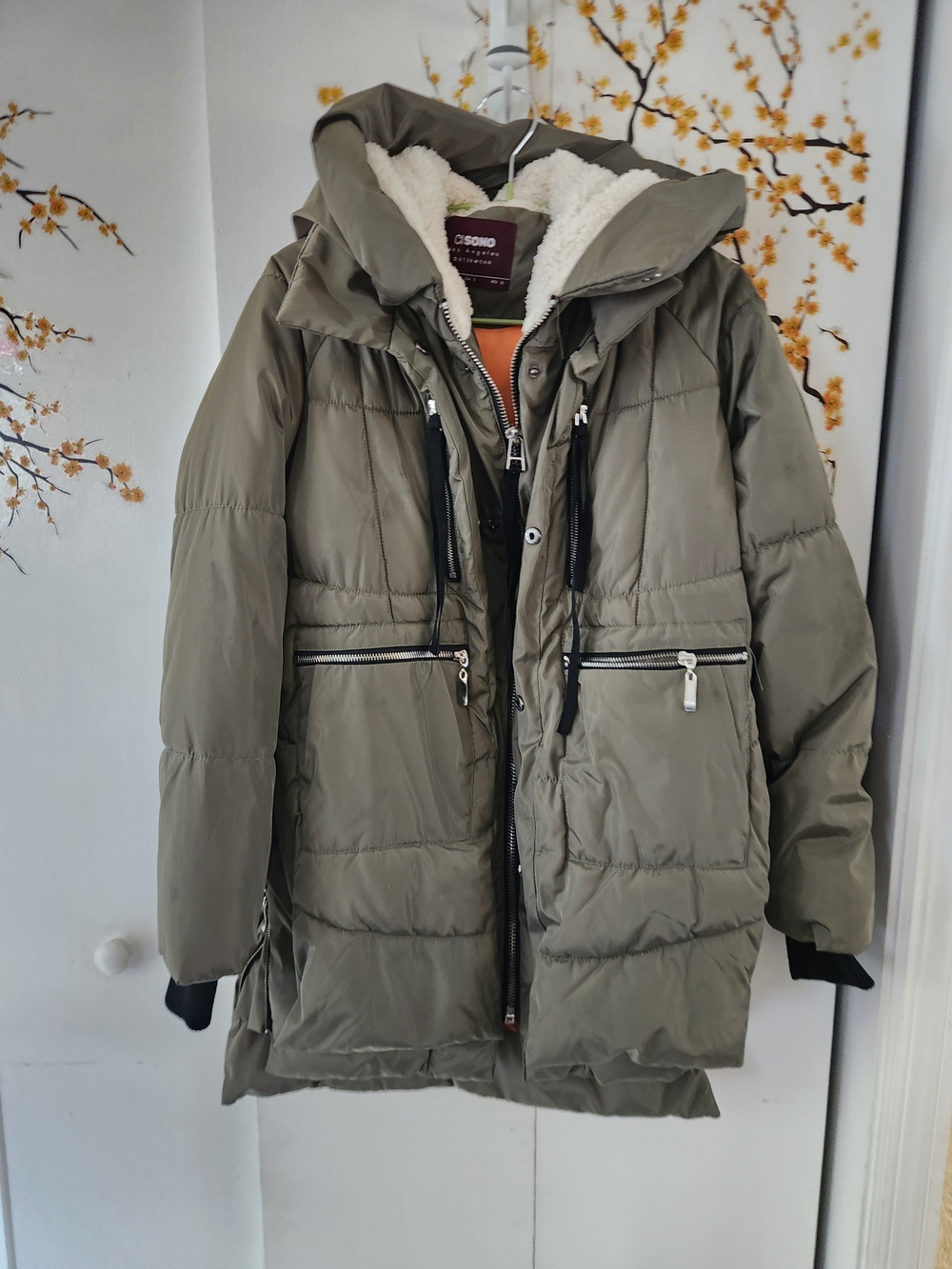 Ci Sono Olive Green Hooded Puffer Coat with Sherpa Lining
